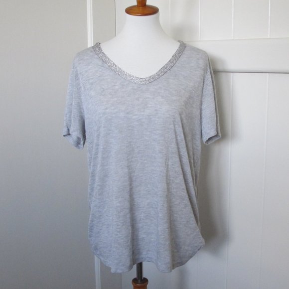 3/$15 Soprano | Metallic Silver Neckline Heather Gray Short Sleeve Top - Picture 1 of 8